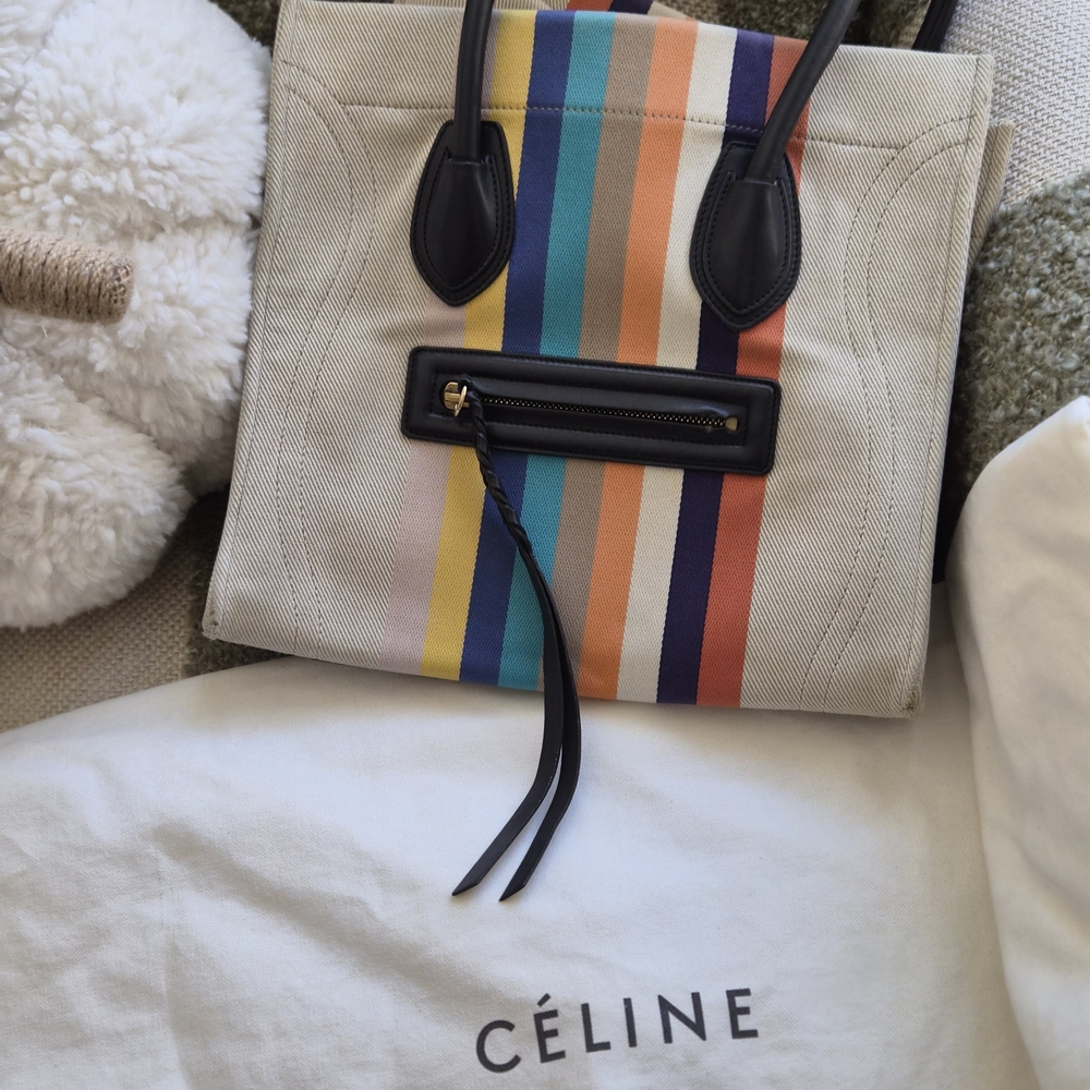 Celine Beige Tote with Multicolor Stripes